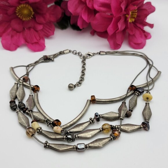 Vtg. Amber Glass Bead Oxidized Silver Tone Tube Necklace Multi Strand 18.5" Adj. - Picture 1 of 6